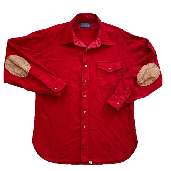Vintage Pendleton Red Wool Trail Shirt Large Leather Elbow Patch 60s 70s - Picture 2 of 8